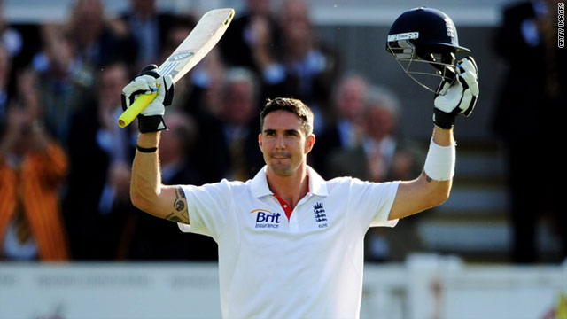 Kevin Pietersen celebrates after passing 200 runs during England's first innings against India on Friday.