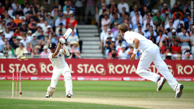 Man-of-the-match Stuart Broad takes India's final wicket.