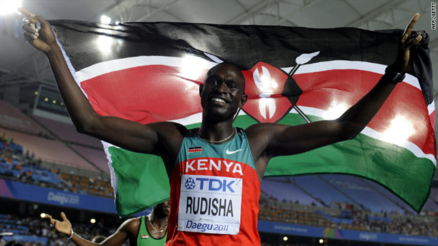 David Rudisha celebrates his gold medal at the world championships in Daegu, South Korea.