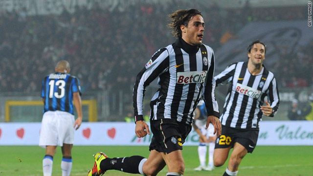 Alessandro Mati celebrates his winning goal for Juventus against Inter Milan.
