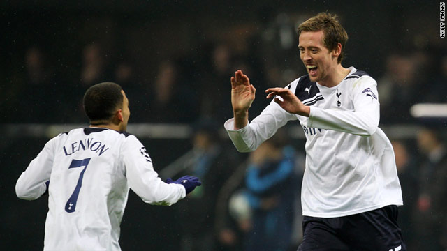 Peter Crouch celebrates his San Siro winner with Aaron Lennon who set him up for his goal.