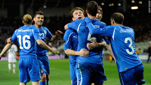 Italy players celebrate Thiago Motta's goal in the crucial 1-0 Euro 2012 Group C victory in Slovenia.
