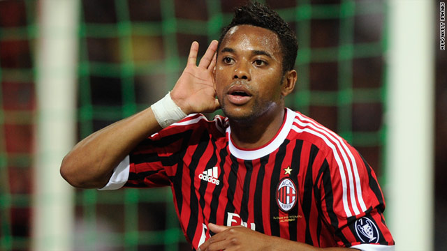 Robinho celebrates after scoring against Cagliari, becoming AC Milan's equal top scorer in Serie A this season.