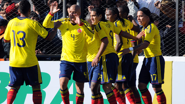 Colombia players celebrate Adrian Ramos' goal in their 1-0 Copa America victory over Costa Rica.