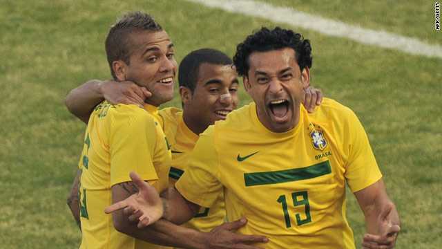 Brazil substitute Fred celebrates his late equalizer against Paraguay in Cordoba.