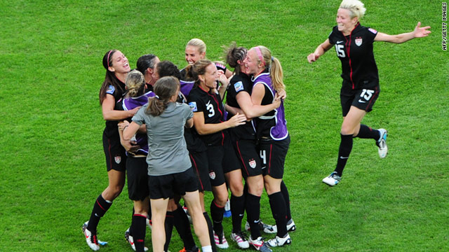 The United States players celebrate their dramatic penalty shoot-out victory over Brazil on Sunday.