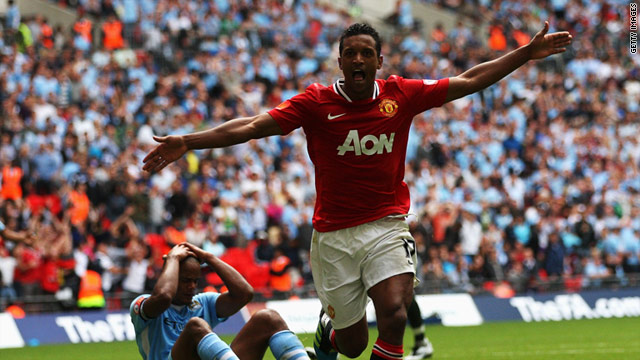 Nani celebrates his second and Manchester United's third goal in their Community Shield victory at Wembley.