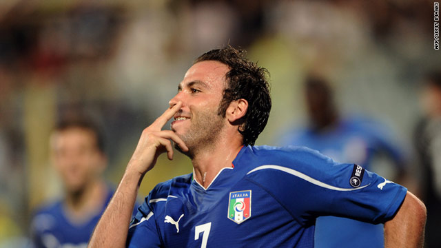 Giampaolo Pazzini celebrates the goal that ensures Italy will be playing in the finals of Euro 2012.