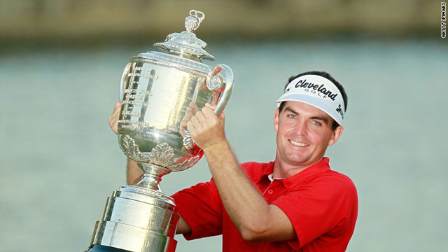 Keegan Bradley lifts the Wanamaker Trophy after claiming the PGA Championship in Atlanta.