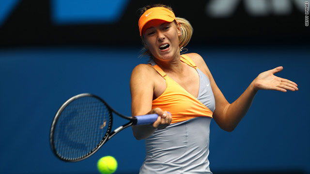 A determined looking Maria Sharapova powers a forehand during her win in Melbourne.