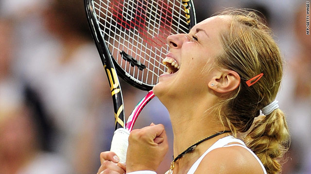Sabine Lisicki can barely contain her joy after defeating French Open champion Li Na at Wimbledon.