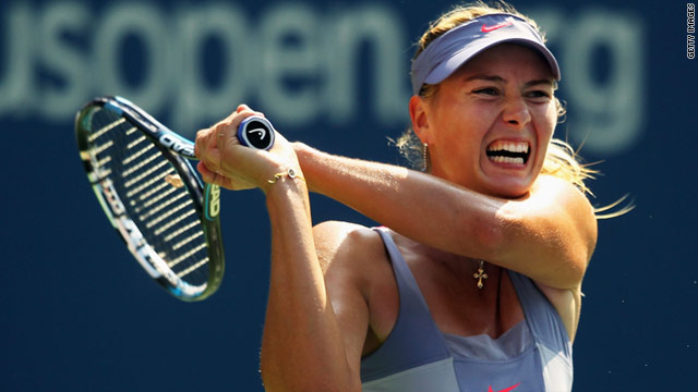 Maria Sharapova forces a backhand during her third round match against Italy's Flavia Pennetta at the U.S. Open.