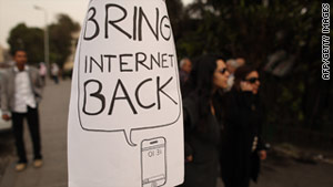 A protesters sign asked that the Egyptian government restore the Internet, which it did last Wednesday. (Photo Courtesy of CNN/Getty Images).