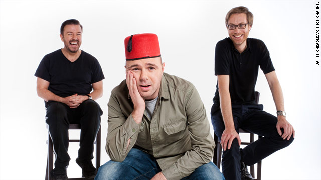 In "An Idiot Abroad," Karl Pilkington's destiny is controlled by producers Ricky Gervais, left, and Steve Merchant, right.