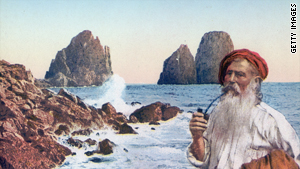 An illustration circa 1850 shows an elderly fisherman on the island of Capri, the fabled home of the deadly Sirens.