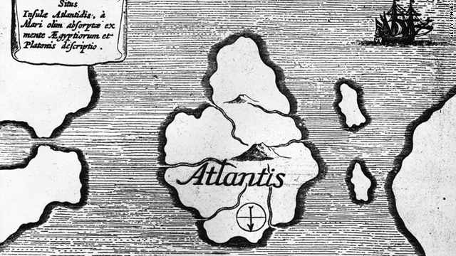 An illustration from an old book circa 1600 published in Germany showing a map of the mythical island of Atlantis.