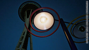 This unique perspective of the Seattle Space Needle makes for an intriguing shot.
