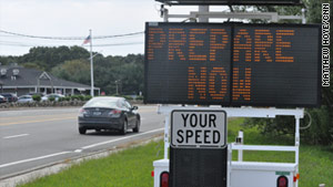 A sign in Narragansett, Rhode Island, warns passing motorists about the approach of Hurricane Irene.