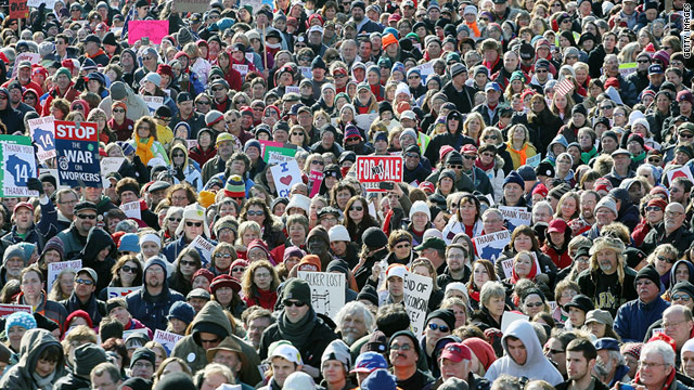 Demonstrators in Madison, Wisconsin, last week protested a new law that would curb collective bargaining rights.