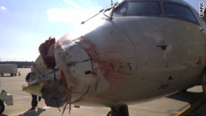 Damage to the aircraft's nose was severe after it struck a flock of cranes near Little Rock, Arkansas.