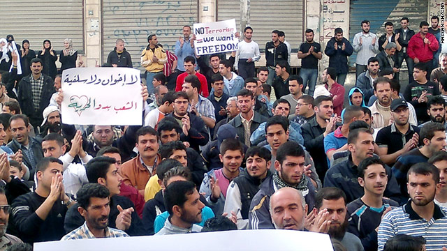 Protesters call for freedom during a recent gathering in Banias, on Syria's western coast.