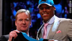 NFL Commissioner Roger Goodell at last night's NFL draft with No. 1 pick Cam Newton