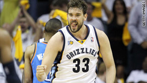 Marc Gasol of the Memphis Grizzlies celebrates during  Monday's playoff game.