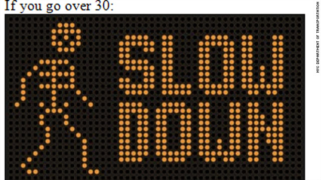 When a radar gun detects a speeding car approaching an intersection, the crosswalk figure will change to a pixilated skeleton.