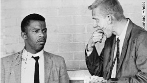 James Zwerg, right, with John Lewis after the mob attacked them. Zwerg passed out soon after the photo was taken.