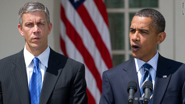 President Obama, right, speaks about education accompanied by U.S. Secretary of Education Arne Duncan.