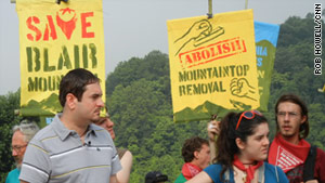 Chuck Keeney prepares to address protestors marching on Blair Mountain last week.