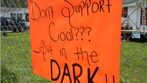 Coal industry supporters posted a sign along the route traveled by mountaintop removal protestors.