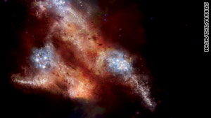 A young galaxy, shown in this artist's impression, has dust and gas at its center hiding a black hole.