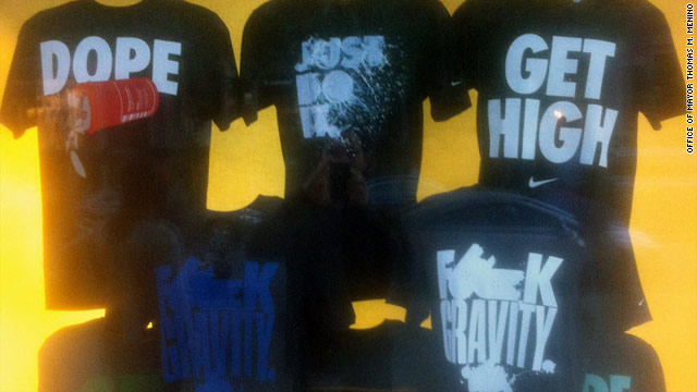 Boston Mayor Thomas Menino asked Nike to remove these T-shirts from the window of their store.