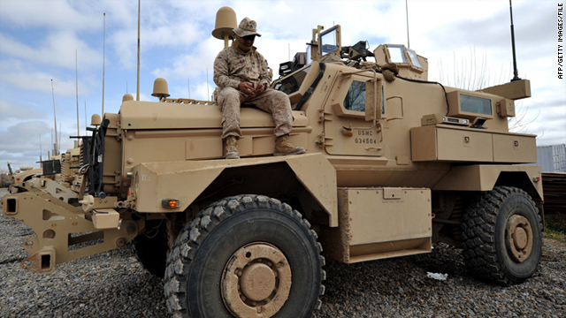 A U.S. Marine sits on a Mine-Resistant Ambush Protected Vehicle in Helmand Province, Afghanistan, on March 2.