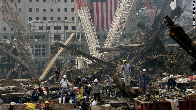 Rescue workers search for survivors in the rubble of the World Trade Center in New York.