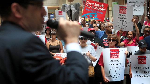 Jesse Sharkey, vice president of the Chicago Teachers Union, speaks to teachers during a protest in Chicago on June 22.