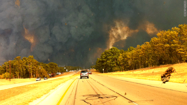 The largest of the fires whipping through central Texas is in Bastrop County, shown here on Sunday.