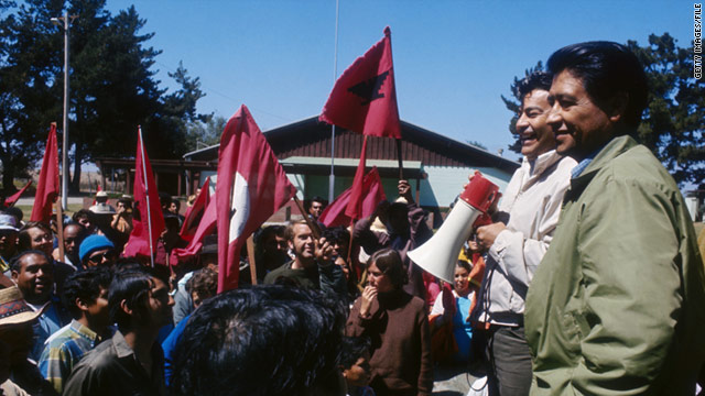 United Farm Workers of America founder Cesar Chavez, far right, attends a rally in California in 1977.