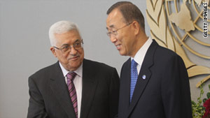 U.N. Secretary-General Ban Ki-moon, right, greets Palestinian Authority President Mahmoud Abbas at U.N. headquarters.