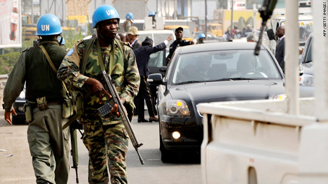 On Monday, U.N. peacekeepers secure the convoy of Kenyan Prime Minister Raila Odinga, AU mediator to the Ivory Coast.