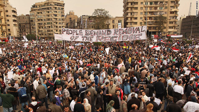 Protesters rally in Cairo's Tahrir Square on Tuesday. Tens of thousands gathered to demand that President Mubarak step down.