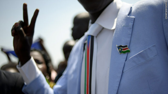 A man dressed in Southern Sudan paraphernalia is shown in this file picture from January 30, 2011.