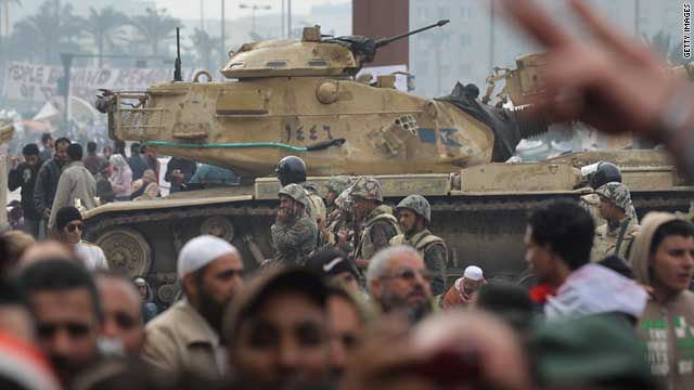 Anti-Mubarak demonstrators gathering near an Egyptian army post in Tahrir Square on February 7, 2011 in Cairo.