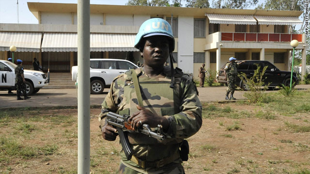 UN soldiers guard the residence where deposed Ivorian president Laurent Gbagbo is being held in Korhogo on Monday.