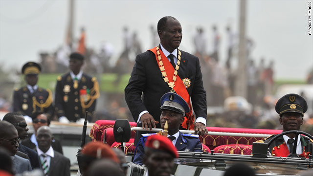 Ivory Coast President Alassane Ouattara greets crowds Saturday in Yamoussoukro after his inauguration.