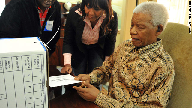 Nelson Mandela casts his vote for South African local elections in his Houghton, Johannesburg home on Monday, May 16.