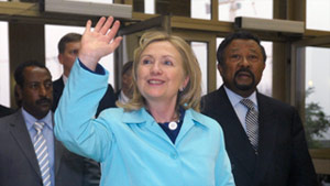 U.S. Secretary of State Hillary Clinton arrives at African Union headquarters in Addis Ababa, Ethiopia, on Monday.