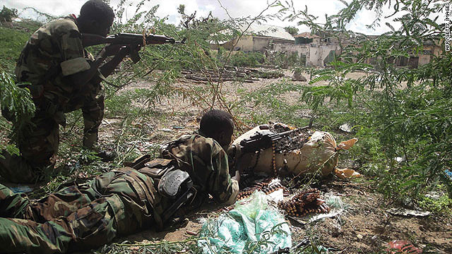 African Union soldiers fight with al-Shabaab, an Islamist insurgent group, in Mogadishu on May 22, 2011.    