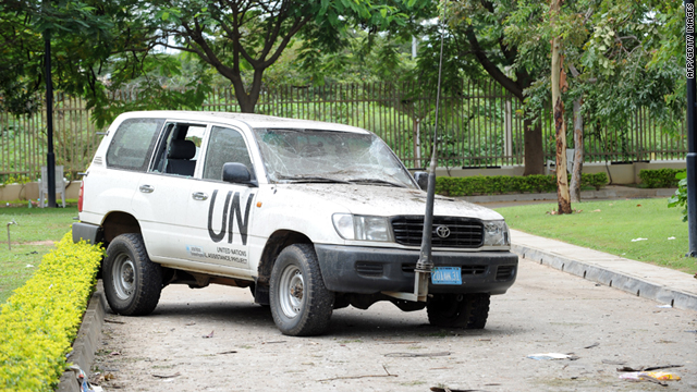 A U.N. vehicle damaged from a blast that rocked the Nigerian U.N. headquaters is seen in Abuja on August 28.